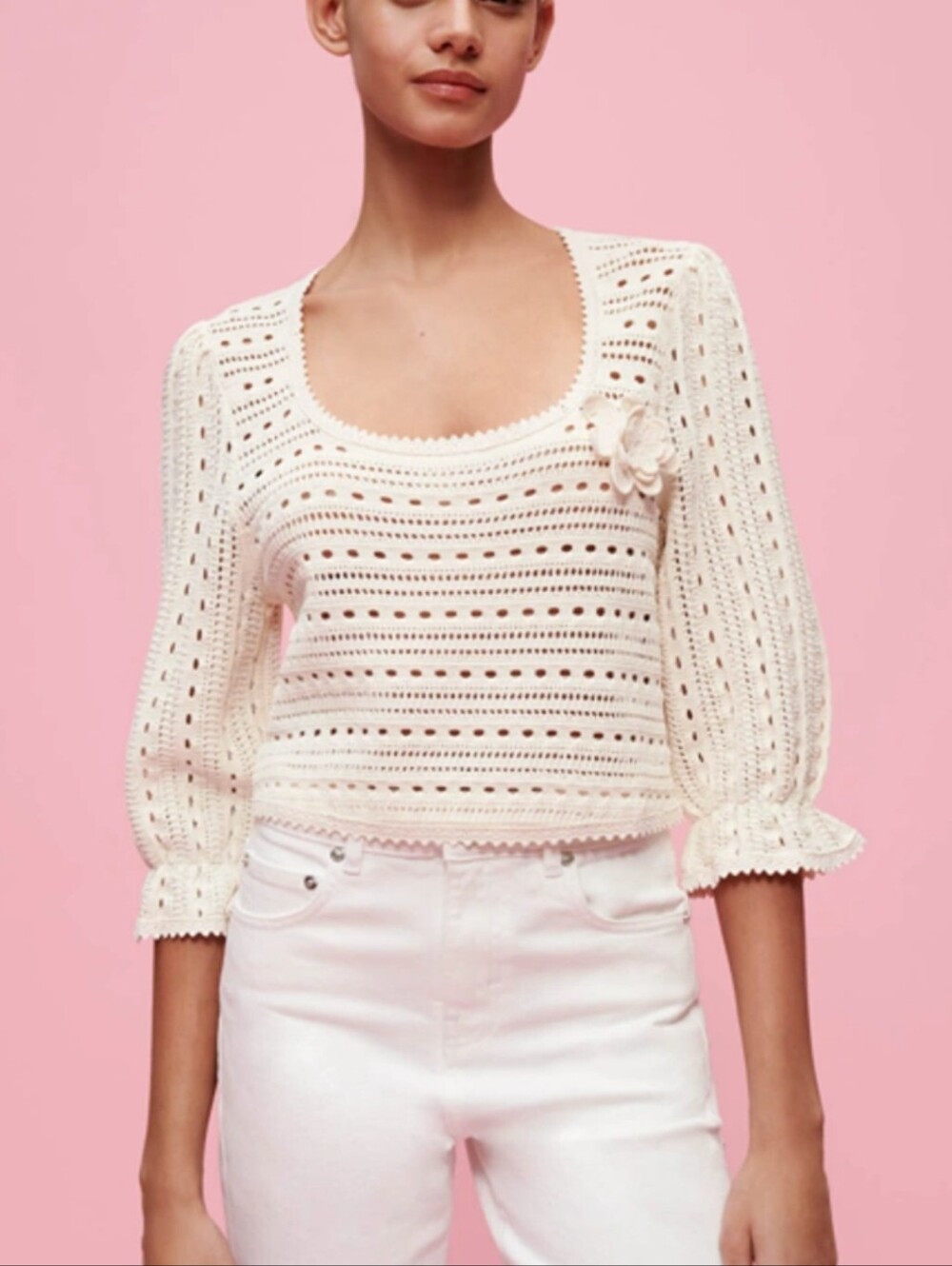 Maje Cream Crocheted Scoop Neck Puff Sleeve Blouse